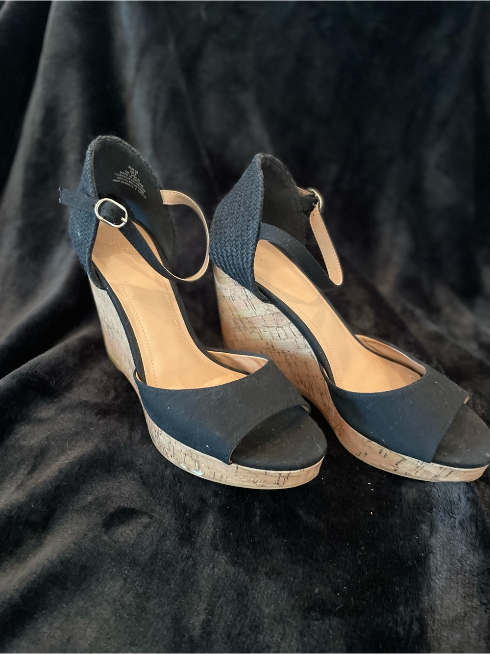 H&M Black Cork Wedge Espadrille Sandals with Ankle Strap